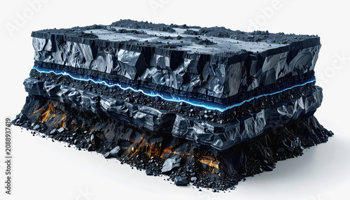 Geological Cross-section: Black Rock Layers with Blue Energy and Orange Glow