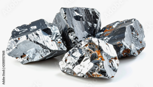Close-up of metallic mineral crystals with rough texture and orange inclusions on white background