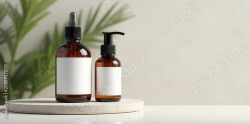 Brown glass spa bottles, white labels, concrete Minimalist beauty product mockup , bottle, table