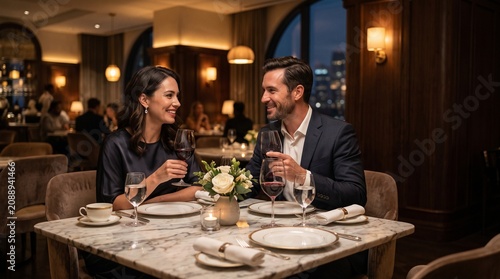 Romantic elegant couple enjoying dinner and red wine at a luxury fine dining restaurant