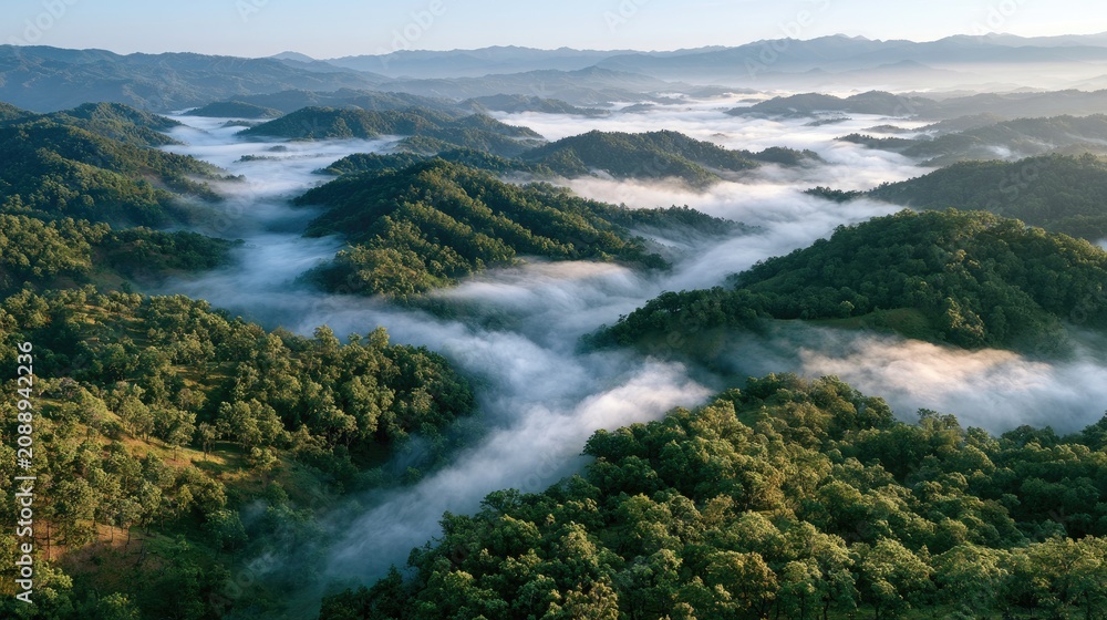 Obraz premium Misty valley between lush, rolling green hills at sunrise