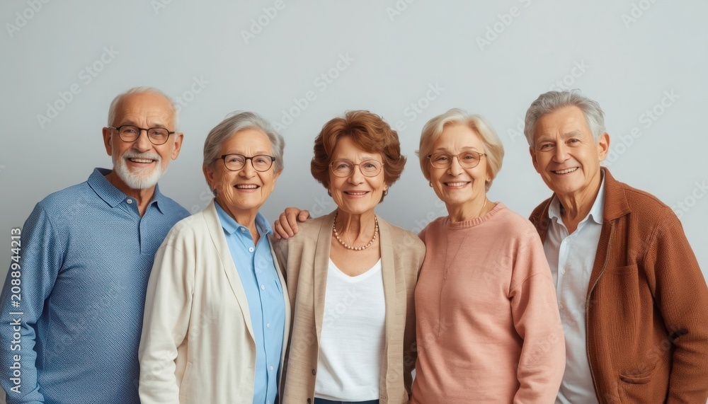 Fototapeta premium A group of happy senior citizens standing together in casual clothing on gray background