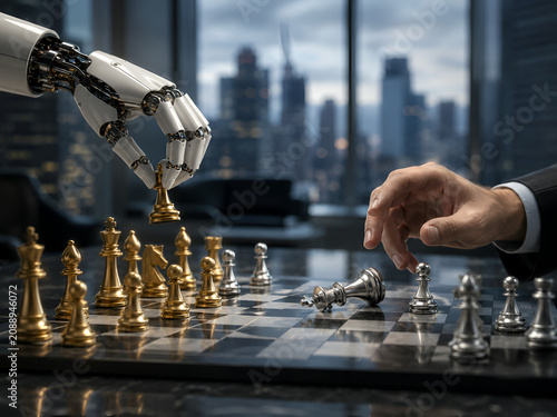 Robot and human hands compete over chessboard with fallen pieces in strategic AI versus human business concept