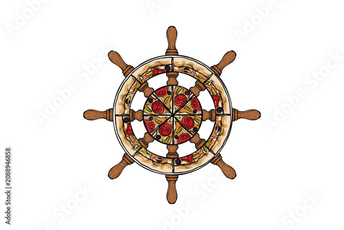 Illustration of a ship's helm combined with a pizza