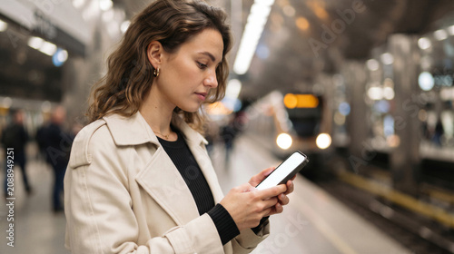 Young woman looking at her smartphone while waiting for a train at a subway station