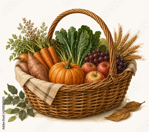 Cuadro en lienzo Abundant harvest wicker basket containing pumpkin apples grapes and seasonal org