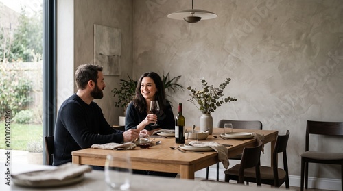 Happy couple enjoying a romantic dinner with red wine in a modern dining room with textured walls