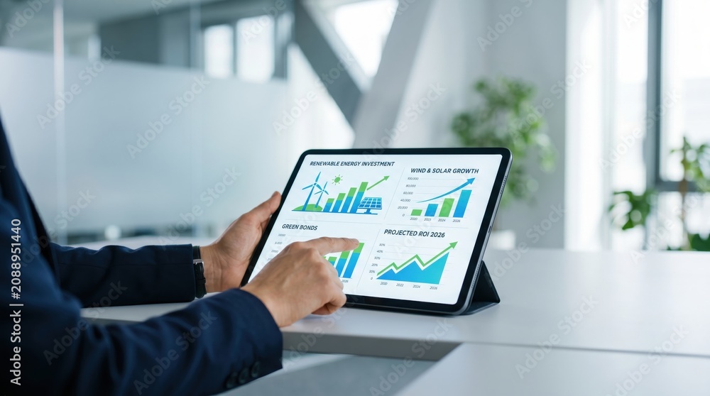 Fototapeta premium Close up of hands using tablet to analyze renewable energy investment data, displaying wind and solar growth charts, green bonds information