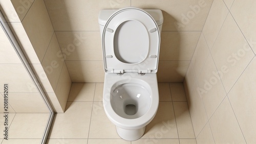Modern White Ceramic Toilet with Open Lid Inside Clean Tiled Bathroom Captured from High Angle Perspective