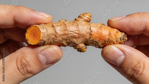 Ultra Realistic Close Up of Fresh Turmeric Root Held in Hand Against Clean Gray Background for Organic Herbal Ingredient Concept