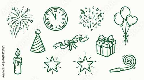 Photography Collection of hand-drawn festive icons for celebrations like New Year's Eve, birthdays, and parties
