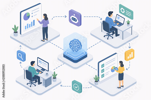 AIによる業務自動化とビジネスワークフローの概念図｜AI,人工知能,業務効率化,ワークフロー,DX,ビジネス,自動化,データ分析