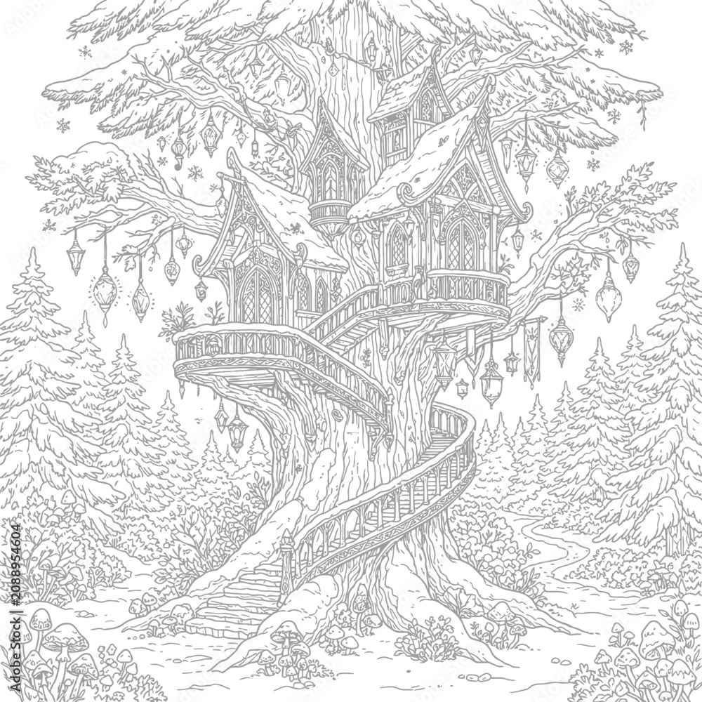 Obraz premium Enchanted Tree Village Coloring Page – Magical Woodland Line Art