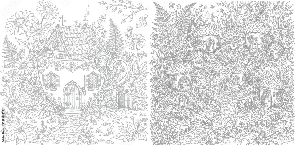 Fototapeta premium Enchanted Forest Mushroom Coloring Page – Intricate Nature Line Art