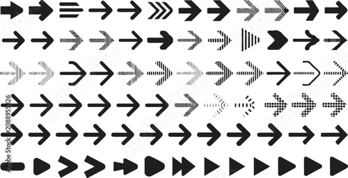 Set of multiple arrow icons in different styles and thicknesses symbolizing direction, movement, and navigation concept for vector design