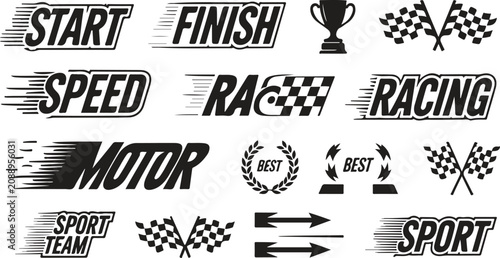 Racing‑themed graphic set with bold text, checkered flags, and trophy icons symbolizing speed, competition, and victory vector design