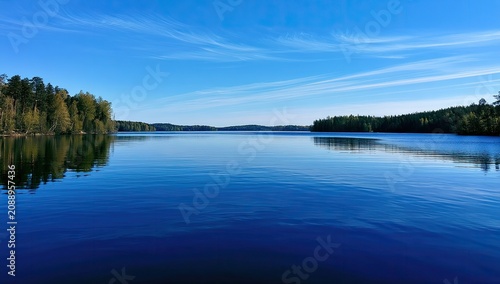 Vast tranquil lake reflects blue sky and green forested shorelines