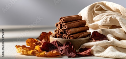 Cinnamon sticks in a bowl with fallen leaves and draped fabric