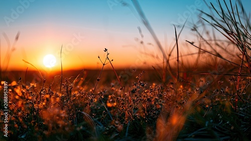 Golden hour sun illuminates a field of dry grass and wildflowers