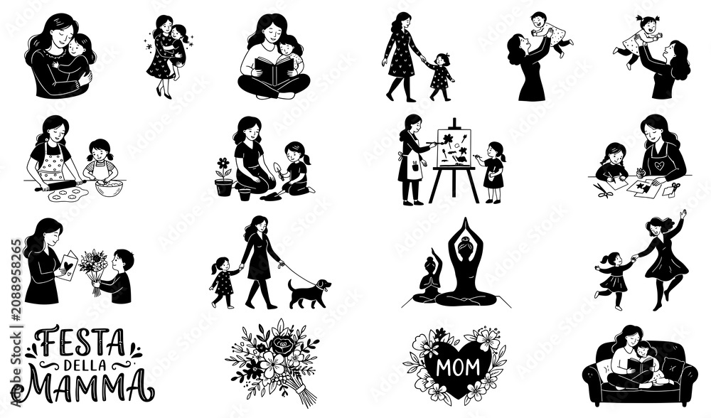 Fototapeta premium Black silhouette of mother and child daily activities cooking reading playing collection festa della mamma vector illustration set.