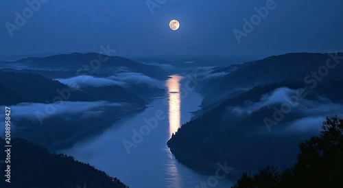 Moonlit river valley shrouded in fog, reflecting celestial glow