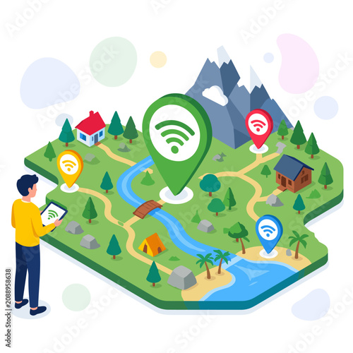 Smart Home Technology with Wireless Connectivity and Mountain Landscape.