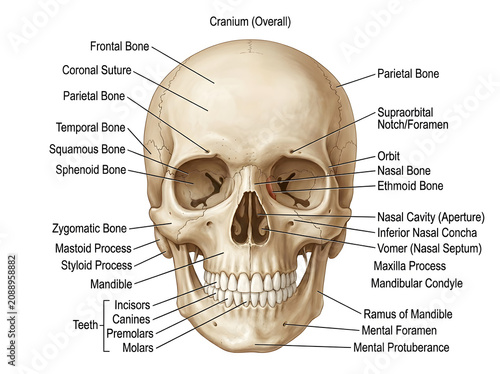Human skull with labeled cranial and facial bones
