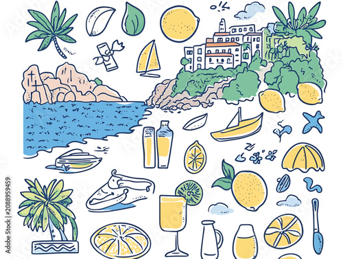 Vibrant Italian Coastline With Fresh Lemons And Summer Refreshments Vector Illustration.