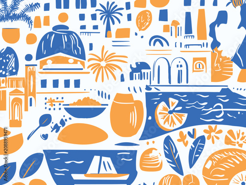 Vibrant Mediterranean Cityscape With Boats And Traditional Food Elements Vector Illustration.