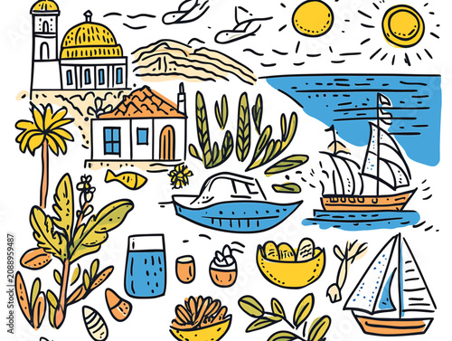 Vibrant Mediterranean Summer Vacation Doodle Collection With Coastal Elements Vector Illustration.