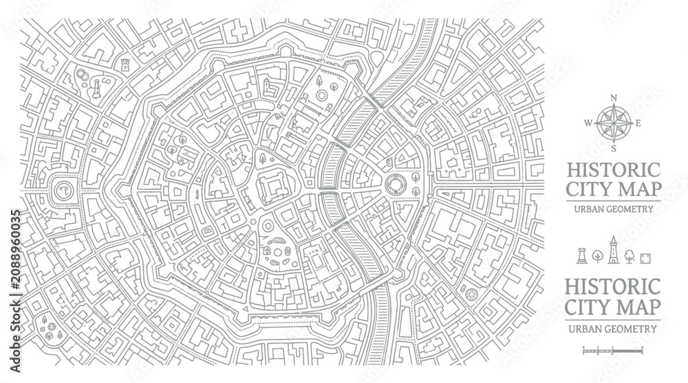 Obraz premium Historic City Map Illustration - Urban Geometry, Blueprint Style