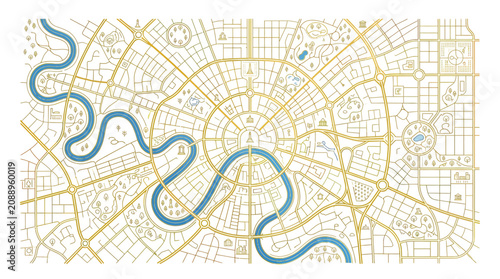 Detailed City Map Illustration with River and Roads - Gold and Blue