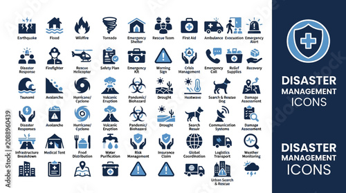 Disaster management icons showcase various rescue and emergency response symbols