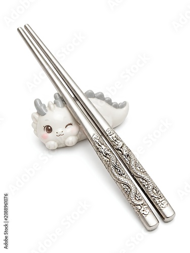 Pair of stainless steel chopsticks with intricate dragon engravings. They rest on a ceramic chopstick holder shaped like a winking cartoon dragon. The chopsticks are sleek and metallic.