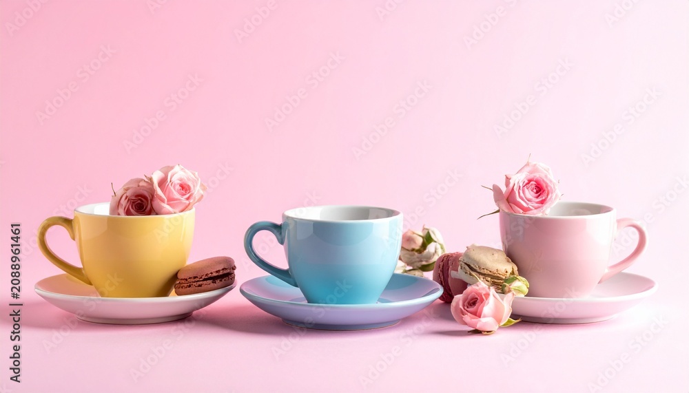 Fototapeta premium Colorful tea cups with roses and macarons on pink background