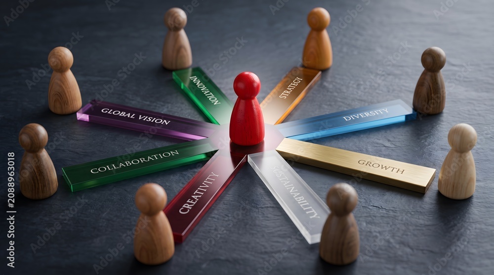 Obraz premium Core business values and corporate strategy around a red leader.