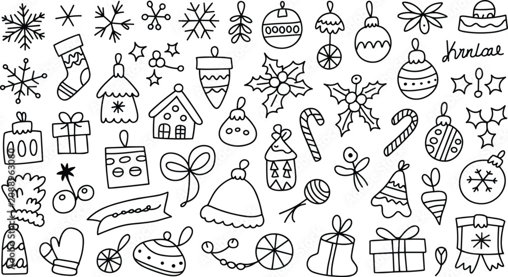 Fototapeta premium Hand Drawn Christmas Doodles and Winter Holiday Elements Icon Set for New Year Greeting Cards and Festive Patterns