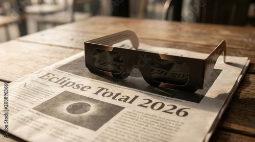 Solar eclipse glasses on a 2026 total eclipse newspaper.