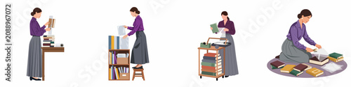 Foto Vector Illustration Set of a Woman Librarian or Book Restorer Organizing, Repair