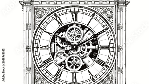 Detailed Monochrome Pen and Ink Line Art of an Open Face Gothic Tower Skeleton Clock with Exposed Interlocking Gear Mechanism, Roman Numerals, and Decorative Gothic Tracery Frame