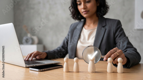Businesswoman using magnifying glass to select a wooden figure with a checkmark. Recruitment, hiring, and choosing the right employee