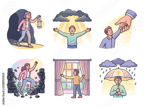 Set of illustrations showing hope and overcoming challenges