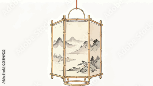 Traditional Chinese Hexagonal Bamboo Framed Hanging Lantern With Ink Wash Landscape Art On Translucent Parchment, Serene Elegant Oriental Illustration Against Plain White Background