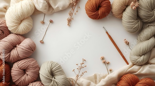 A beautiful flat lay of luxurious yarn skeins in soft neutral colors (cream, dusty rose, sage green, oatmeal, warm terracotta)