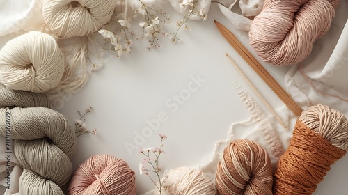 A beautiful flat lay of luxurious yarn skeins in soft neutral colors (cream, dusty rose, sage green, oatmeal, warm terracotta)