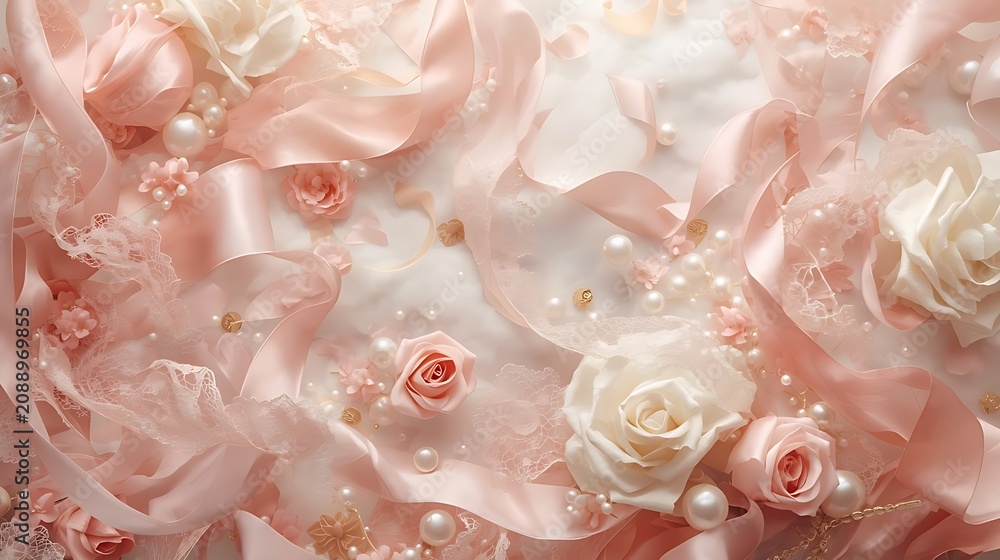 Fototapeta premium Satin Ribbon Fantasy a luxurious dreamy composition of satin ballet ribbons swirling like soft waves, pearl accents, pink roses, delicate lace textures, soft cloudy background