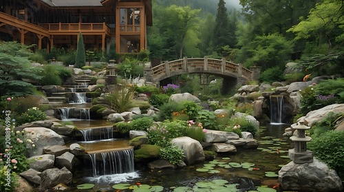 Ultra-realistic luxury mountain rain garden integrated into a breathtaking private mountain estate in the mountain
