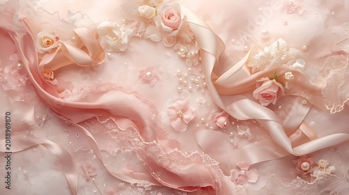 Satin Ribbon Fantasy a luxurious dreamy composition of satin ballet ribbons swirling like soft waves, pearl accents, pink roses, delicate lace textures, soft cloudy background