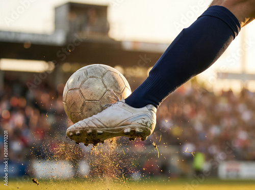 Soccer player kicking ball on stadium pitch at sunset