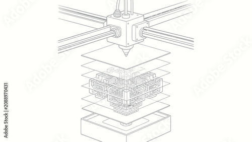 Isometric Technical Line Art Illustration of 3D Printing, Exploded Layer View Showing Additive Manufacturing of a Complex Symmetric Geometric Part